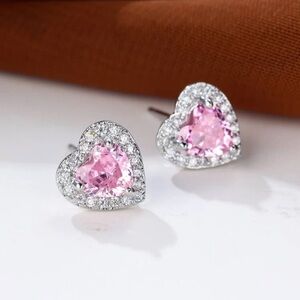 Pink Heart Earrings, Pink Heart Cubic Zirconia Earrings, Valentines Day Gift